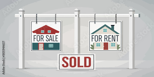 Real estate signs showcase properties for sale and rent, symbolizing the market's dynamics and opportunities for homeowners and renters alike