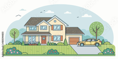 Dream home with car illustration, perfect for real estate marketing, neighborhood promotion, or suburban lifestyle content creation, originally vector art