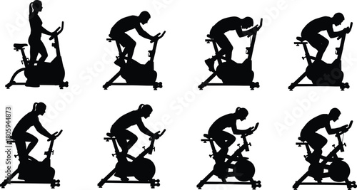 Exercise bike silhouette set, gym workout people, spinning class vector, fitness cardio training, stationary cycling, indoor sport, healthy lifestyle illustration, active man woman