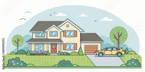 Dream home with yellow car parked in driveway, surrounded by lush greenery and a peaceful sky, perfect for real estate and suburban lifestyle concepts