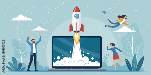 Excited team celebrates rocket launch from laptop, symbolizing startup success, business growth, and innovative technology for a bright, modern future