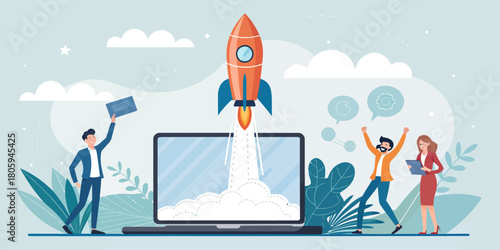 Innovative startup team celebrating project launch and business growth with rocket soaring from laptop, symbolizing success and achieving goals fast