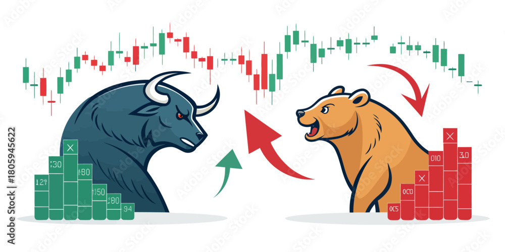 Naklejka premium Dynamic bull versus bear market illustration showcasing stock trading trends, perfect for financial analysis and investment strategy presentations and business reports