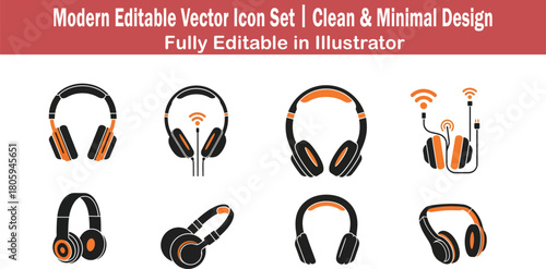 2D flat vector icon set featuring ten unique headphone designs in clean modern minimal graphic style