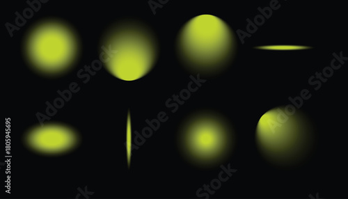 Set of eight glowing neon green light spot effect shapes on a solid representing abstract illumination or lens flare