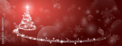 Fairy light spiral shiny sparkling christmas tree lines banner with snowflakes and bokeh on red background