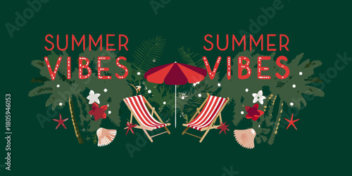 Summer vibes with beach chairs umbrella palm trees and tropical beach elements on dark green background
