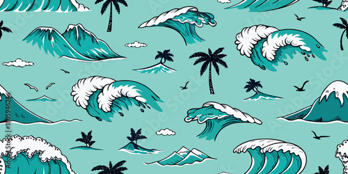 Seamless pattern of turquoise ocean waves crashing with palm trees and mountains under a clear sky