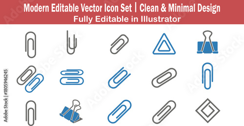 Flat 2D vector icon set featuring ten unique paper clip designs in clean minimal modern graphic style