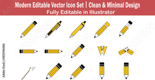 Minimal 2D flat vector icon set showcasing ten unique pencil types in clean modern graphic illustration style