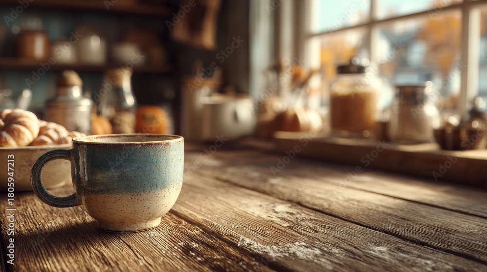Fototapeta premium Warm wood grain surfaces paired with softly glowing kitchen shapes in the background, forming a calm and natural morning-inspired setting. 