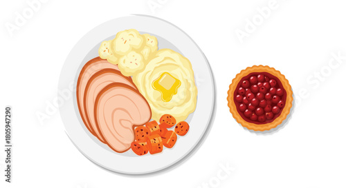 Delicious Thanksgiving Dinner Plate with Turkey Mashed Potatoes and Cranberry Pie, Generative AI