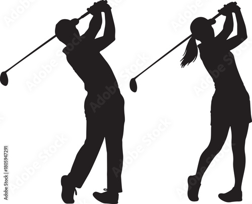 Male and female golfers swinging clubs silhouette