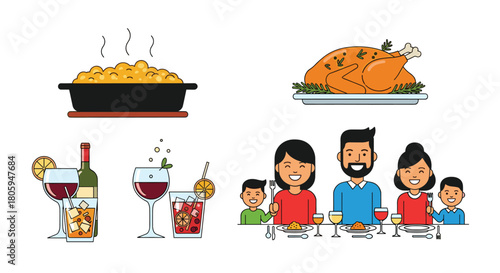 Family Gathering Enjoying a Festive Meal with Drinks and Food, Generative AI