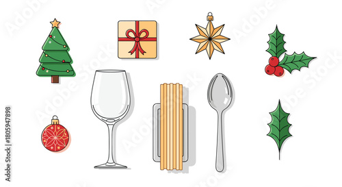 Christmas themed objects and food items arranged for a festive meal, Generative AI