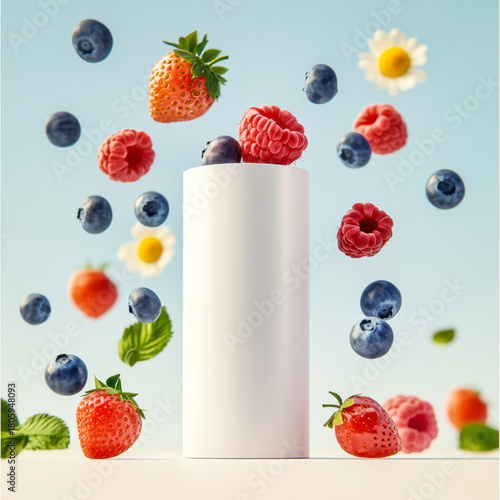 Mixed berries smoothies fruit with milk, yogurt splashing of Tropical fruits isolated on white background