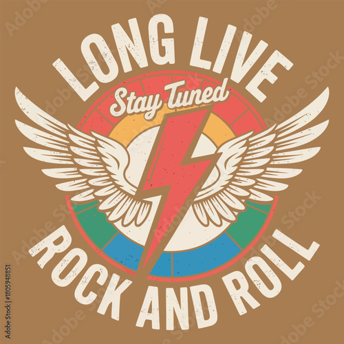 long live rock and roll vintage t-shirt print with wings illustration.