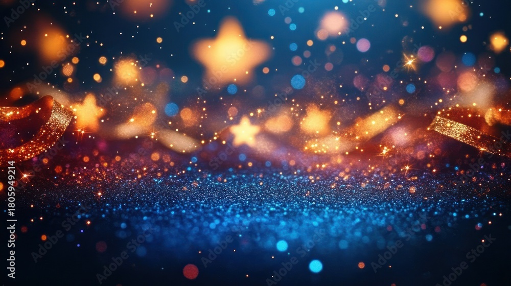 Obraz premium golden star bokeh and blue glitter foreground with shimmering ribbons and warm glowing sparkles, magical festive and dreamy twinkling atmosphere