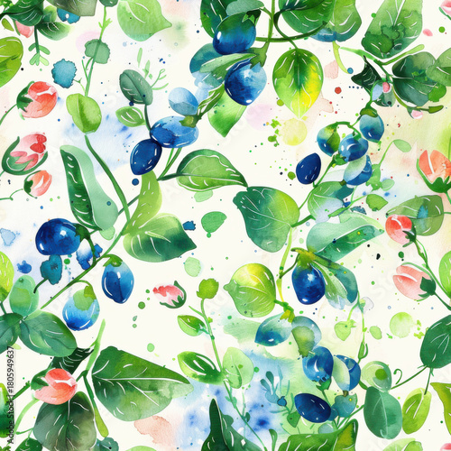 Watercolor pattern pea, and leaves for vibrant and summery design