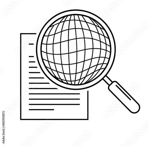 Outline of a magnifying glass with globe grid over a document. Global data search, world wide web, international research, SEO, information analysis.
