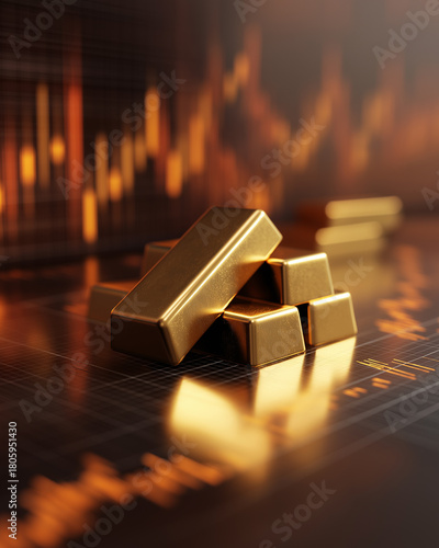 Abstract financial theme background gold bar rising chart upward arrow investment growth increasing profit.