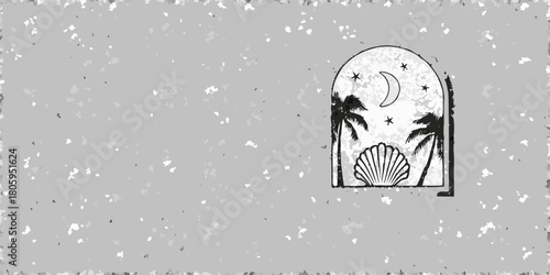Retro stylized archway with crescent moon palm trees and seashell illustration on textured gray background