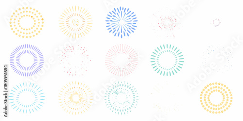 Collection of colorful hand drawn abstract radial bursts and starburst elements on a white background