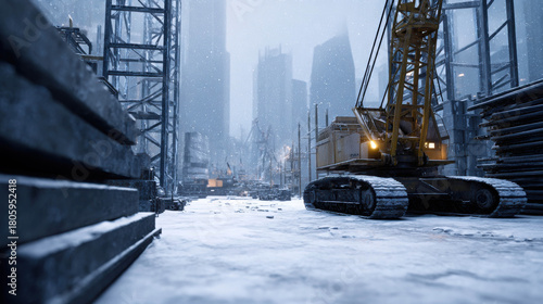 Realistic Professional Depiction of a Snowy Construction Site with Heavy Machinery in an Urban Environment Showcasing Industrial Activity and Cold Weather Conditions