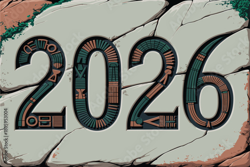 2026 Carved Stone Ancient Hieroglyphic New Year Vector
