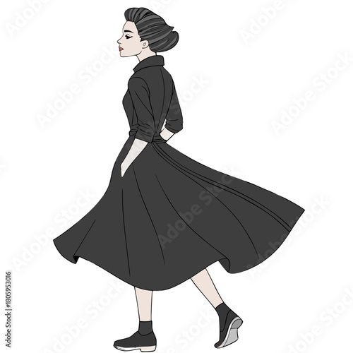Stylish illustration of a woman in a classic black dress with a flowing skirt, walking gracefully in profile view, embodying elegance and timeless fashion sense on a clean background.