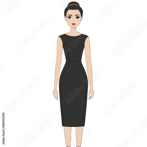 Elegant woman in classic black sleeveless midi dress illustration with hair bun and red lipstick, standing upright, exuding formal and sophisticated timeless style.