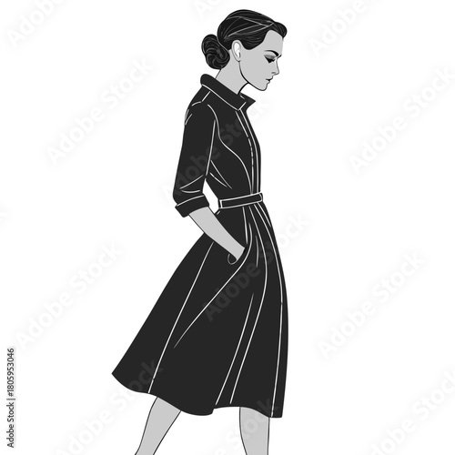 Stylized illustration of a confident woman in a fashionable black dress with a bun, walking gracefully in profile, hands in pockets, listening to music with wireless earbuds.
