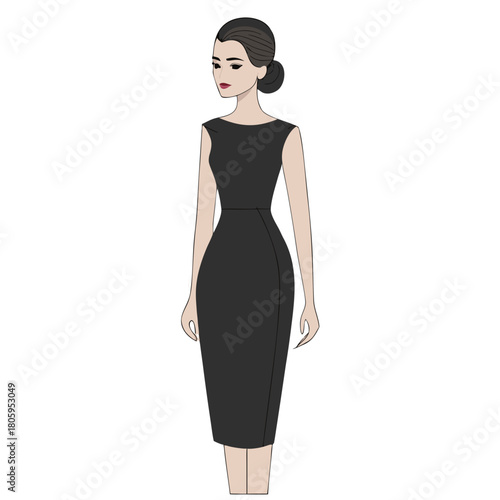 Elegant woman in a classic sleeveless black sheath dress, hair in a neat bun, subtle makeup, full-body vector illustration. professional, sophisticated, minimalist design, ideal for fashion concepts