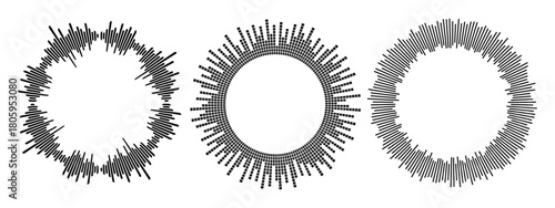 
Black podcast sound wave patterns with varying amplitude bars for audio visualization and media interfaces. Digital frequency lines on white bg for music players.