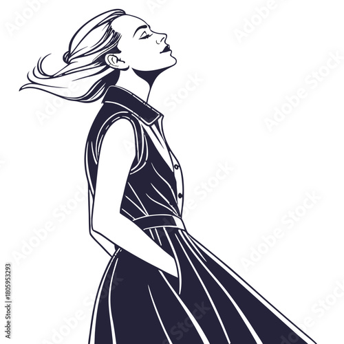 Woman in profile with hair blowing in the wind, wearing a stylish sleeveless dress with hands in pockets, a serene and confident expression, illustration evoking freedom and elegance.