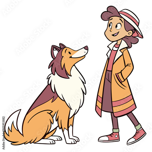 Cartoon child detective character in trench coat and hat with loyal rough collie dog looking up, symbolizing friendship, trust, and adventure for kids.