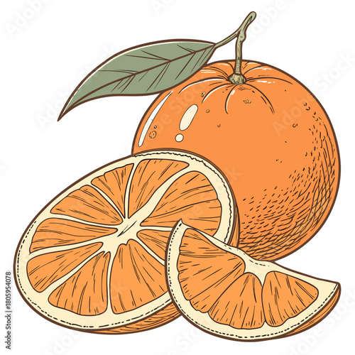 Orange citrus fruit with vibrant zest. whole ripe fruit with fresh green leaf and stem. perfectly sliced halves and wedges revealing juicy segments. detailed hand-drawn illustration.
