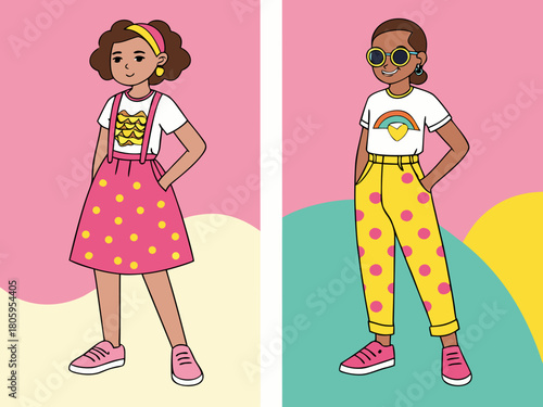 Two happy young diverse girls in a playful illustration, showcasing cheerful and vibrant fashion with polka dot patterns, trendy sunglasses, and a rainbow shirt, celebrating youth.