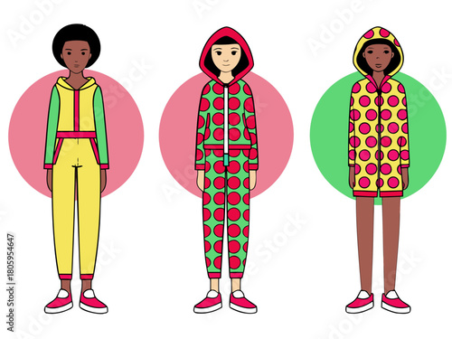 Diverse group of three young women showcasing colorful, trendy athleisure and casual fashion outfits with unique patterns and hoods, standing cheerfully in a vibrant illustration.