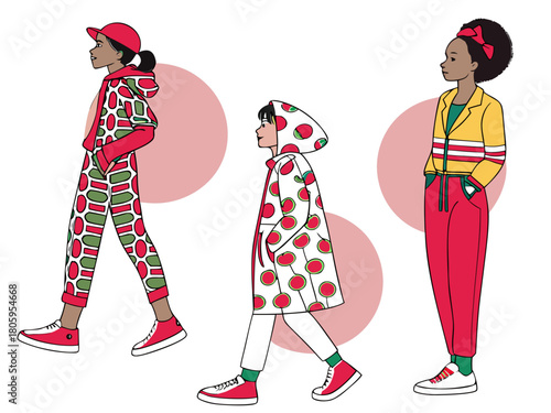 Diverse young women in trendy, colorful summer fashion, showcasing unique casual styles with bold patterns and vibrant colors. modern vector illustration of diverse group on white background.