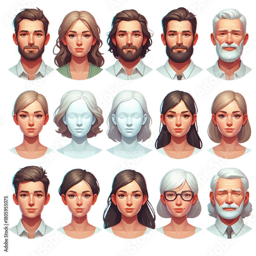 Illustration of diverse cartoon style faces of men and women with various hairstyles and ages in rows