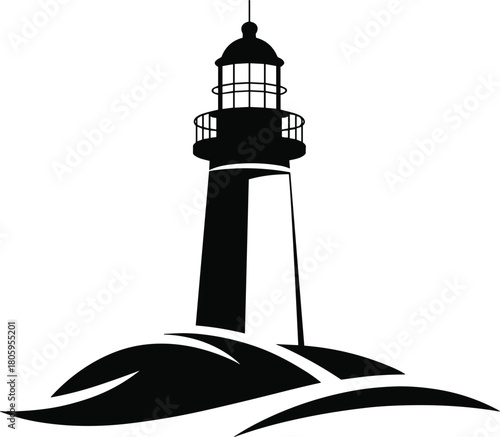 Black silhouette of a lighthouse on a white background