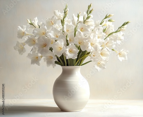 Wallpaper Mural Serene bouquet of white gladiolus blooms in a simple ceramic vase on a softly lit table, delicate petals and green buds conveying calm elegance Torontodigital.ca