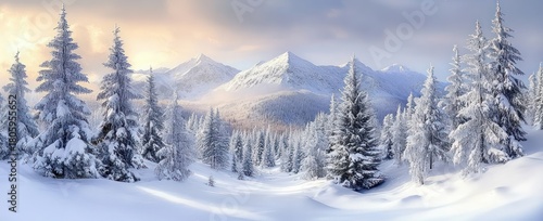 Wallpaper Mural Serene snow-covered pine forest and mountain valley bathed in golden morning light, tranquil pristine winter landscape Torontodigital.ca