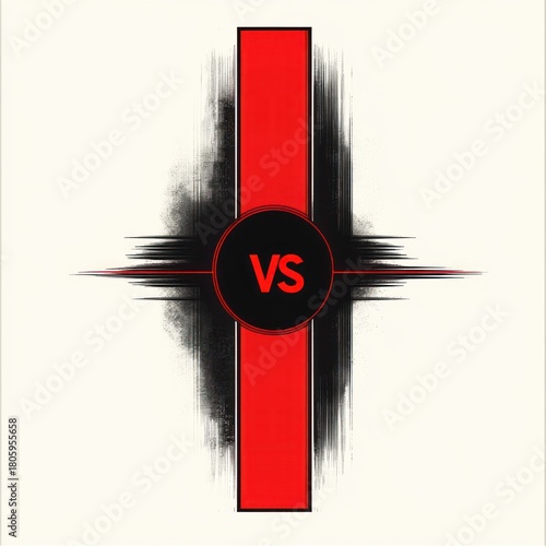 Bold red vertical stripe with central circular emblem reading VS over black grunge horizontal splatter, high-contrast minimalist graphic evoking confrontation and intense energy