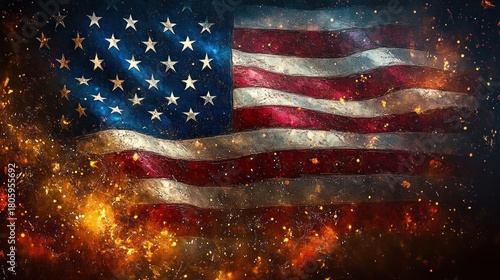 worn stars and stripes flag waving over a fiery smoky backdrop with glowing embers and gold flecks, dramatic and intense patriotic scene conveying turmoil and resilience