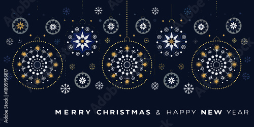 Elegant merry christmas and happy new year greeting with festive ornaments and snowflakes on a dark blue background