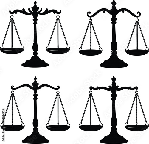 Four black silhouette justice scales on white background