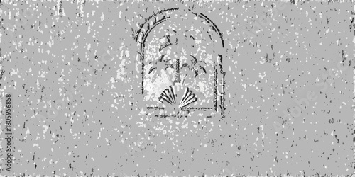 Abstract grayscale textured background with a stylized archway and fan motif