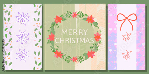 Three festive christmas greeting cards featuring poinsettia wreath and floral designs